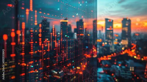 Urban twilight, cityscape through digital glass. Abstract urban skyline seen through a digital dot matrix, illustrating interconnected data streams against a twilight city background.