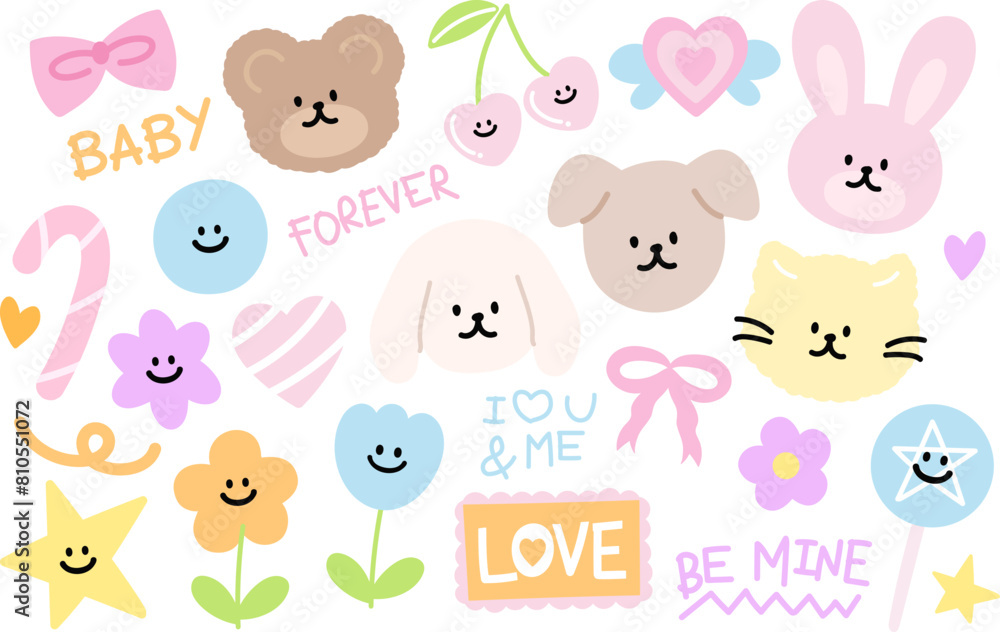 Pastel illustration of teddy bear, puppy, cat, bunny, pink ribbon, cherry, flowers, candy, heart, star for cute animals, zoo, pet shop, vet, spring, summer, cartoon, character, kids, toddler, stickers