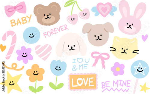 Pastel illustration of teddy bear, puppy, cat, bunny, pink ribbon, cherry, flowers, candy, heart, star for cute animals, zoo, pet shop, vet, spring, summer, cartoon, character, kids, toddler, stickers