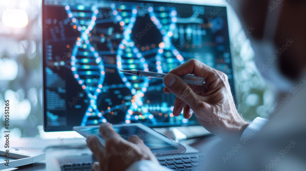 Scientist observes DNA structures on a computer screen. Close-up of a male researcher examines a complex DNA model on a computer monitor in a high-tech office environment. Scientist observes DNA structures on a computer screen. Close-up of a male researcher examines a complex DNA model on a computer monitor in a high-tech office environment.