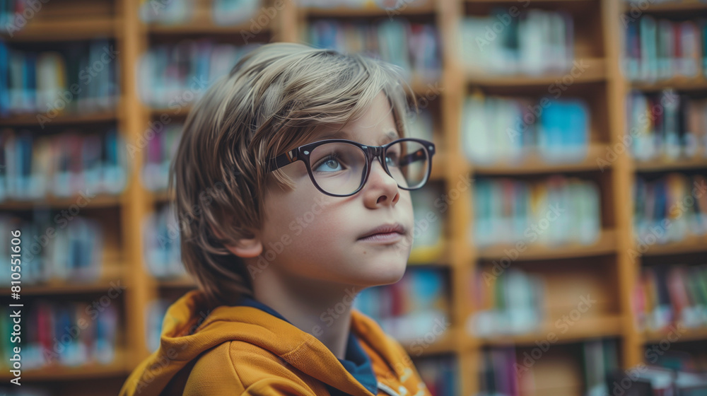 Curiosity in the library, a young thinker's search for knowledge. Thoughtful young boy with glasses lost in dreams amidst a colorful library background. Curiosity in the library, a young thinker's search for knowledge. Thoughtful young boy with glasses lost in dreams amidst a colorful library background.