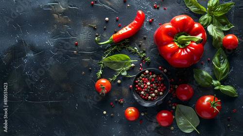 Red bell pepper herbs and spices on dark background photo