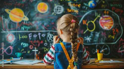 Young Explorer: A Child's Journey Through Learning and Discovery. Young girl stands in front of a vibrant chalkboard filled with imaginative and artistic science illustrations.