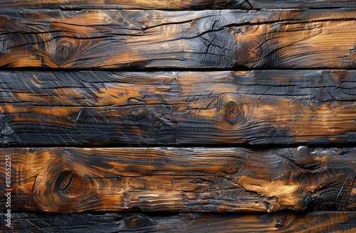 Beautiful background of old wooden planks with a burned wood texture. A wooden wall made from burnt timber, shown in closeup.  photo