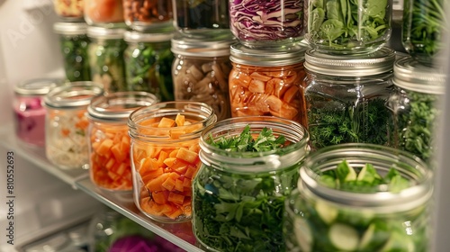 Fresh produce and condiments neatly arranged in a refrigerator, highlighting a lifestyle focused on health and organization.