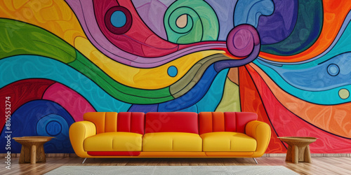 A colorful hand painted wall painting with organic shapes  curved lines  and a neon color palette.