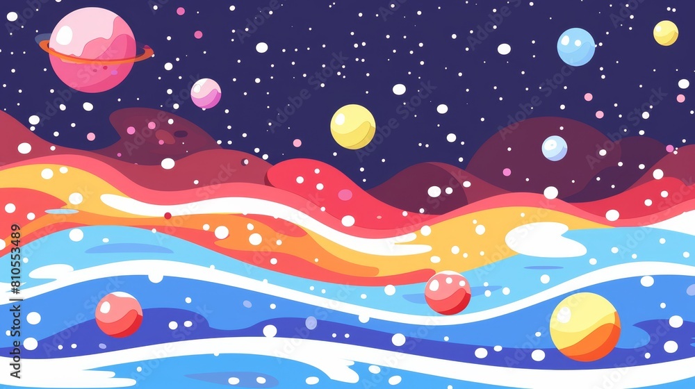 Fototapeta premium planets in the sky, wave of water, snowy foreground