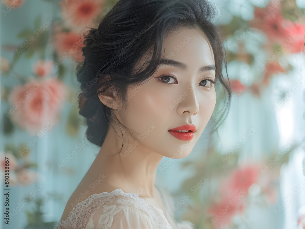 a asian woman with a red lipstick and a dress suitable for beauty and skin care concept