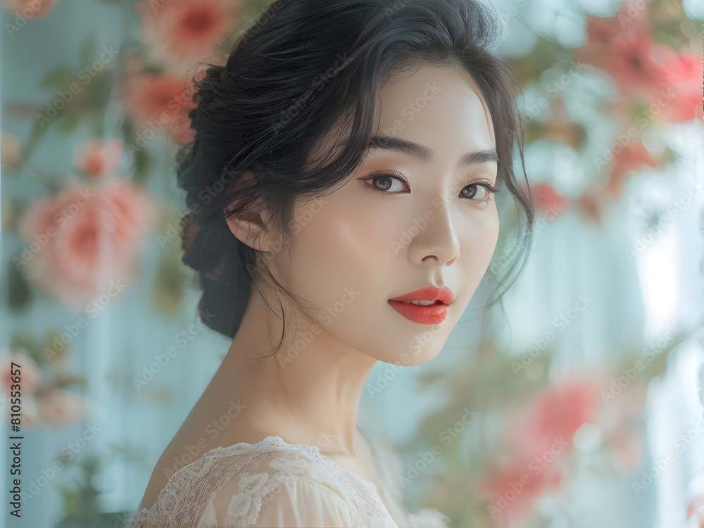 a asian woman with a red lipstick and a dress suitable for beauty and skin care concept a asian woman with a red lipstick and a dress suitable for beauty and skin care concept