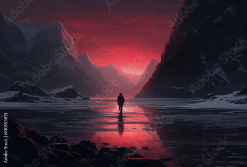 A person stands at the water   s edge  portrayed in epic landscapes with snow scenes  in dark red and light gray tones.
