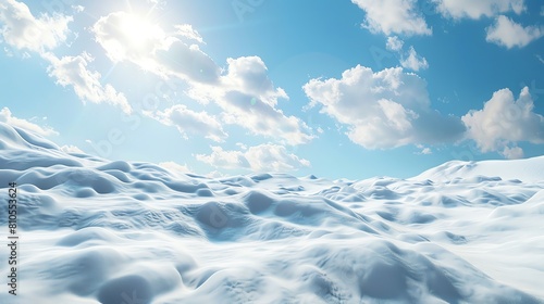 Copious snow drifting, azure sky above, 4K, hyperrealistic, panoramic shot photo