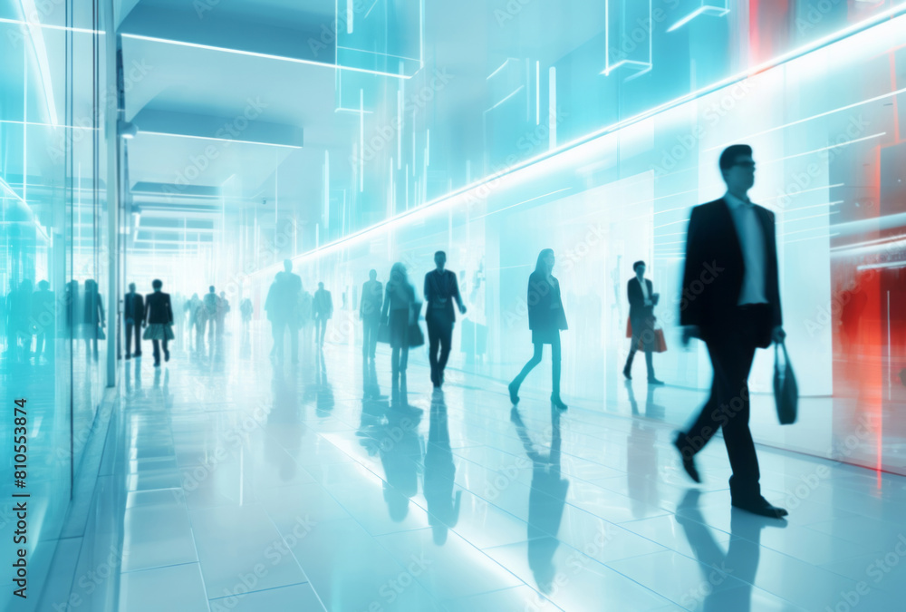 Blurry people are walking in an interior mall, styled in dark teal and light sky-blue, reflecting elegant cityscapes.