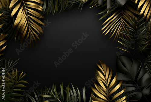 Black and gold palm leaves form an abstract frame with tropical leaves, styled with chiaroscuro lighting and metallic surfaces. photo