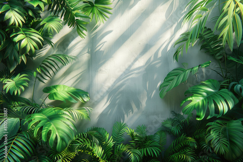  A digital art illustration of lush green palm leaves  bathed in sunlight filtering through the canopy. Created with Ai