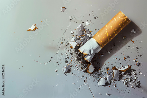 Flatlay closeup of smoked cigarette butt put out in ashtray with ash on plain banner background for anti smoking toxic lung cancer addiction health quit tobacco advert campaigns dirty litter pollution photo