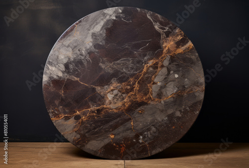 A eutrophic dark brown marble board is presented in the style of tabletop photography. photo