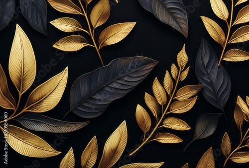 Gold leaves adorn a black background, showcasing an exotic style. photo