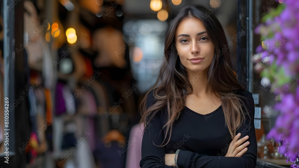 Vlogger in black long sleeve shirt strikes a pose at the entrance of a clothing boutique. Concept Fashion Vlogging, Storefront Photoshoot, Stylish Outfit, Influencer Marketing, Street Style