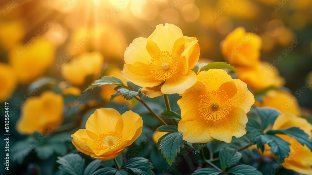 A tight shot of yellow blooms with sunlight filtering through their leaves and petals, both in the foreground and background A tight shot of yellow blooms with sunlight filtering through their leaves and petals, both in the foreground and background