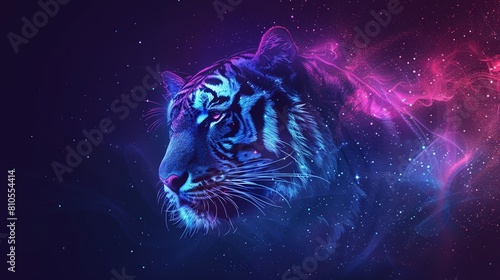 Mythical head of tiger silhouette set against a starry galaxy with cool blues and purples.