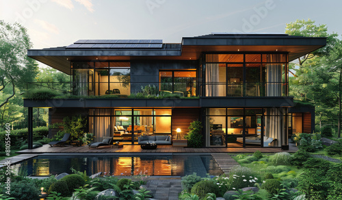 Modern japanese house with solar panels on the roof  a pool and large windows overlooking nature. Created with Ai