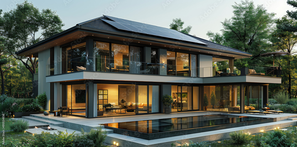 A large twostory house with solar panels on the roof, a pool in front of it and modern interior design. Created with Ai