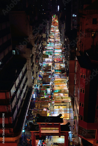Bird view of Night Market at Temple street in Hong Kong at night.