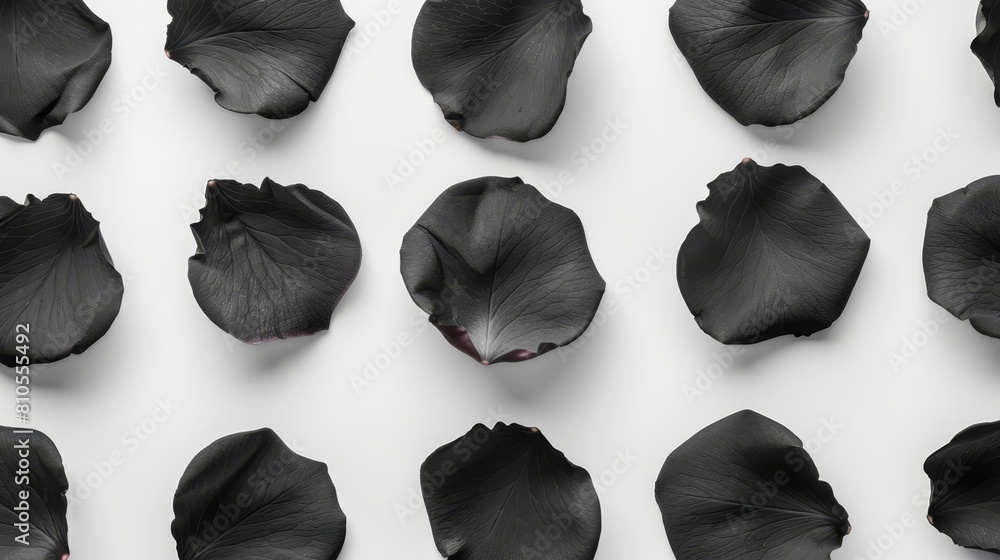 A collection of dark blooms atop a pristine white background One flower stands out centrally in the frame A collection of dark blooms atop a pristine white background One flower stands out centrally in the frame