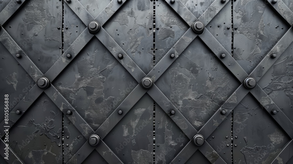 The image shows a dark, metal door with rivets. The image shows a dark, metal door with rivets.