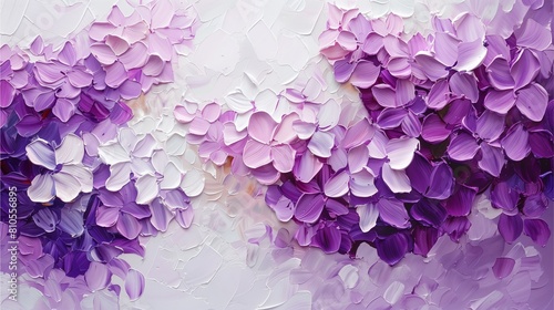 Fototapeta Naklejka Na Ścianę i Meble -  An oil painting captures the serene beauty of purple and white lilac flowers against a pristine white background, for wall art.