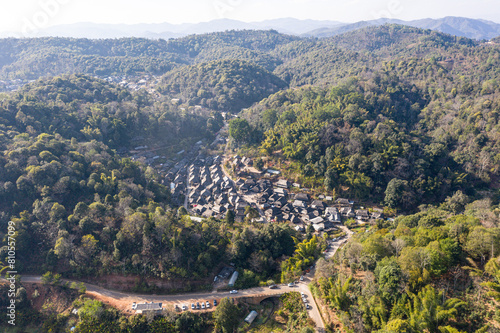 Aerial photography of Nuogan Ancient Village in Jingmai Mountain, Yunnan Province
