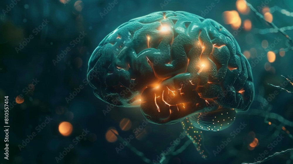 Brain structure lit up against a dark backdrop, emphasizing cognition Brain structure lit up against a dark backdrop, emphasizing cognition