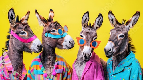 Fun and funky animal party concept with donkeys in costumes. Group of donkeys wearing hats, sunglasses, and other accessories.