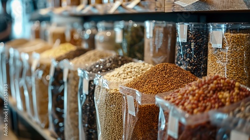 Close-up on diverse whole grains in eco-friendly packaging, emphasizing sustainable agriculture and healthy eating. photo