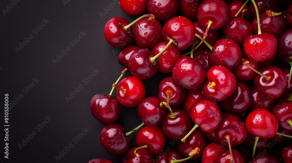 A pile of cherries against a black backdrop, dripping with water atop and below A pile of cherries against a black backdrop, dripping with water atop and below