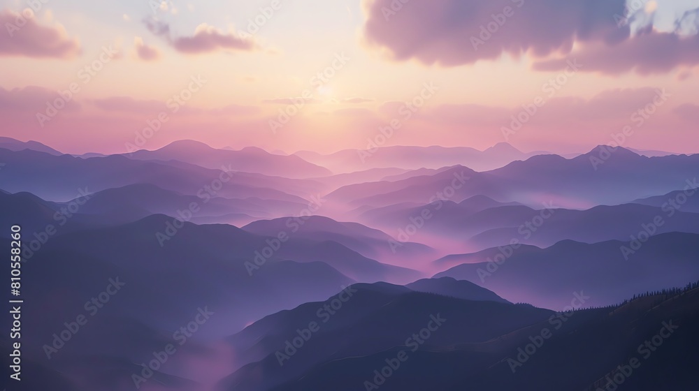Mountains bathed in sunset twilight, 4K, superrealistic, wide frame