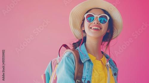Smiling woman in beachwear, carrying backpack and travel essentials.