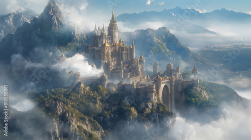 A grand castle on a high mountain, surrounded by a swirling mist and guarded by dragons, depicted in a heroic and cinematic widescreen perspective photo