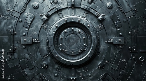 The image is a dark, metallic door with a circular pattern in the center. It is surrounded by rivets and bolts. The door is slightly open, and there is a light coming from inside.