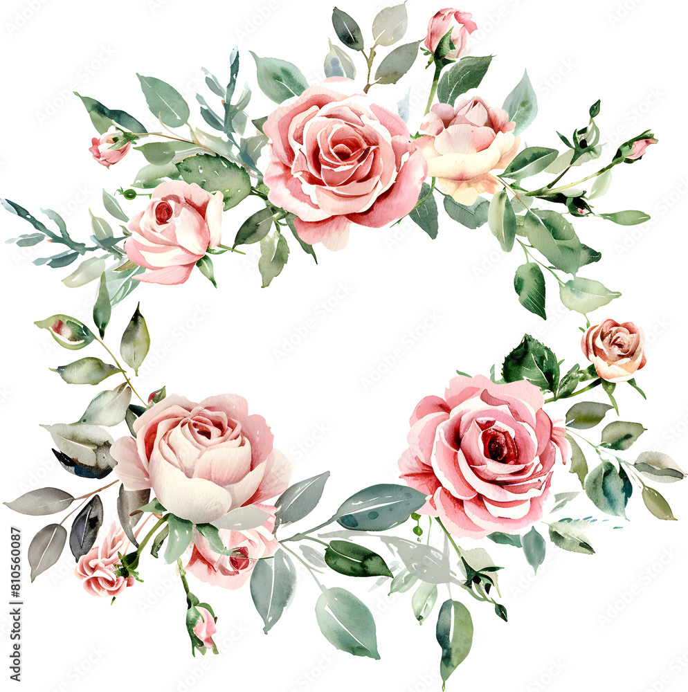 Wreath frame with roses and leaves transparent. Roses Frame with green leaves transparent