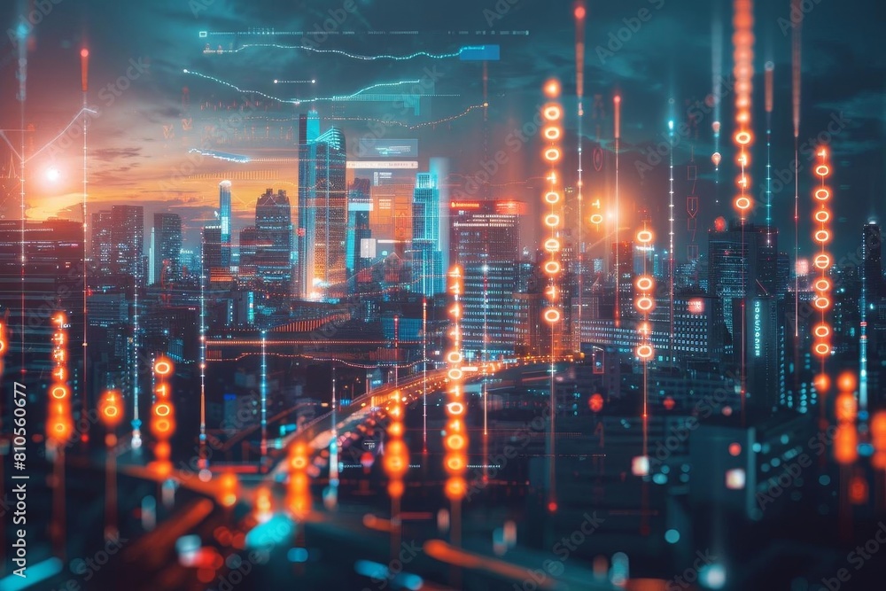 Futuristic cityscape with glowing digital financial graphs Futuristic cityscape with glowing digital financial graphs