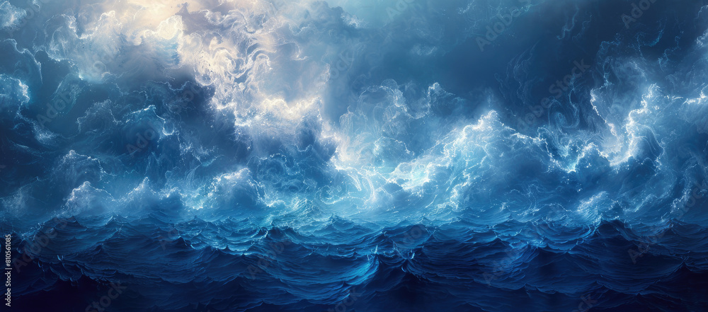 A dramatic depiction of stormy seas with dark, swirling clouds and deep blue water. Created with Ai 
