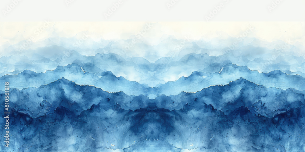 Abstract blue watercolor background with a stormy sea, clouds and sky, painted in the style of impressionist art. Created with Ai