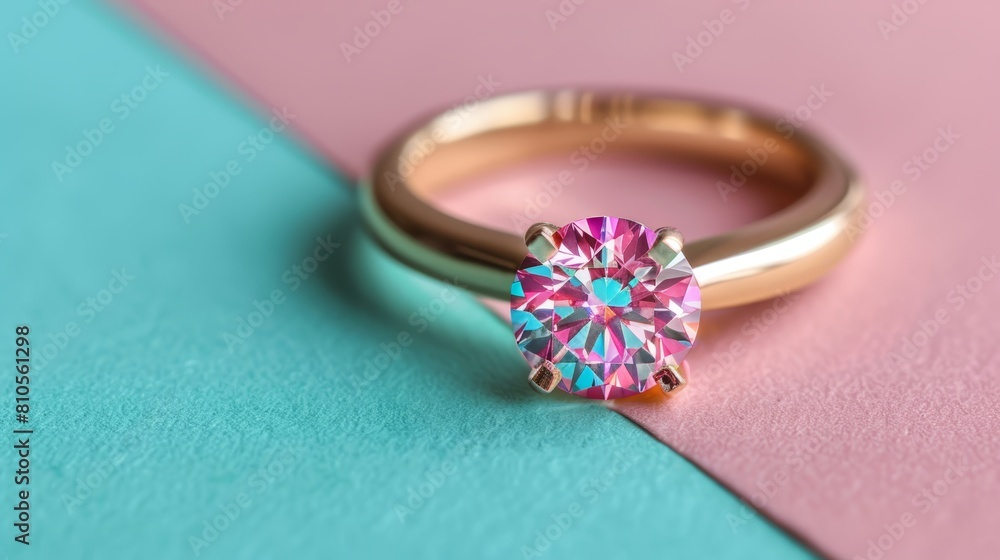 A tight shot of a ring featuring a pink-blue and blue-pink diamond against a harmonious backdrop of pink, blue, and pink A tight shot of a ring featuring a pink-blue and blue-pink diamond against a harmonious backdrop of pink, blue, and pink