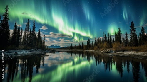 Breathtaking northern lights over serene lake © Balaraw