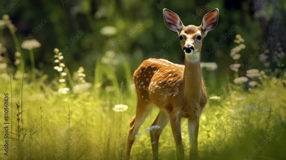 Fototapeta premium Curious deer in lush green forest