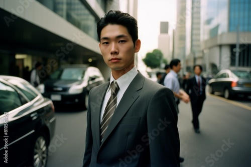 Serious young asian businessman in suit standing on city street