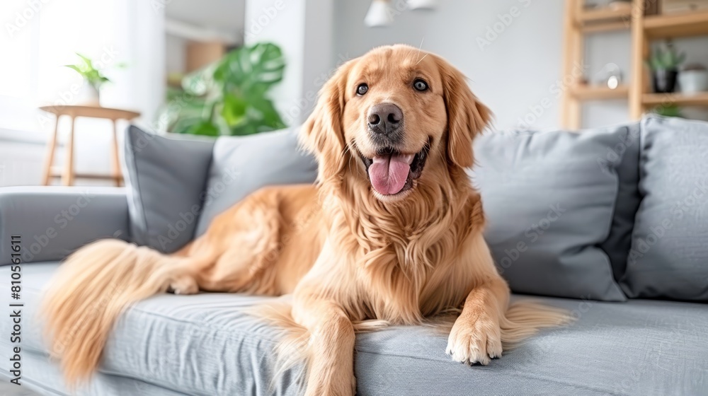   A tight shot of a dog reclining on a couch, a plant serving as the scenic backdrop A potted plant featured prominently in the image's background