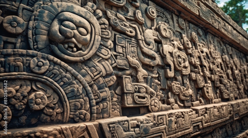 Intricate carved stone wall with ancient mayan symbols