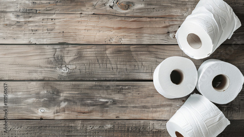 Rolls of toilet paper on wooden background photo